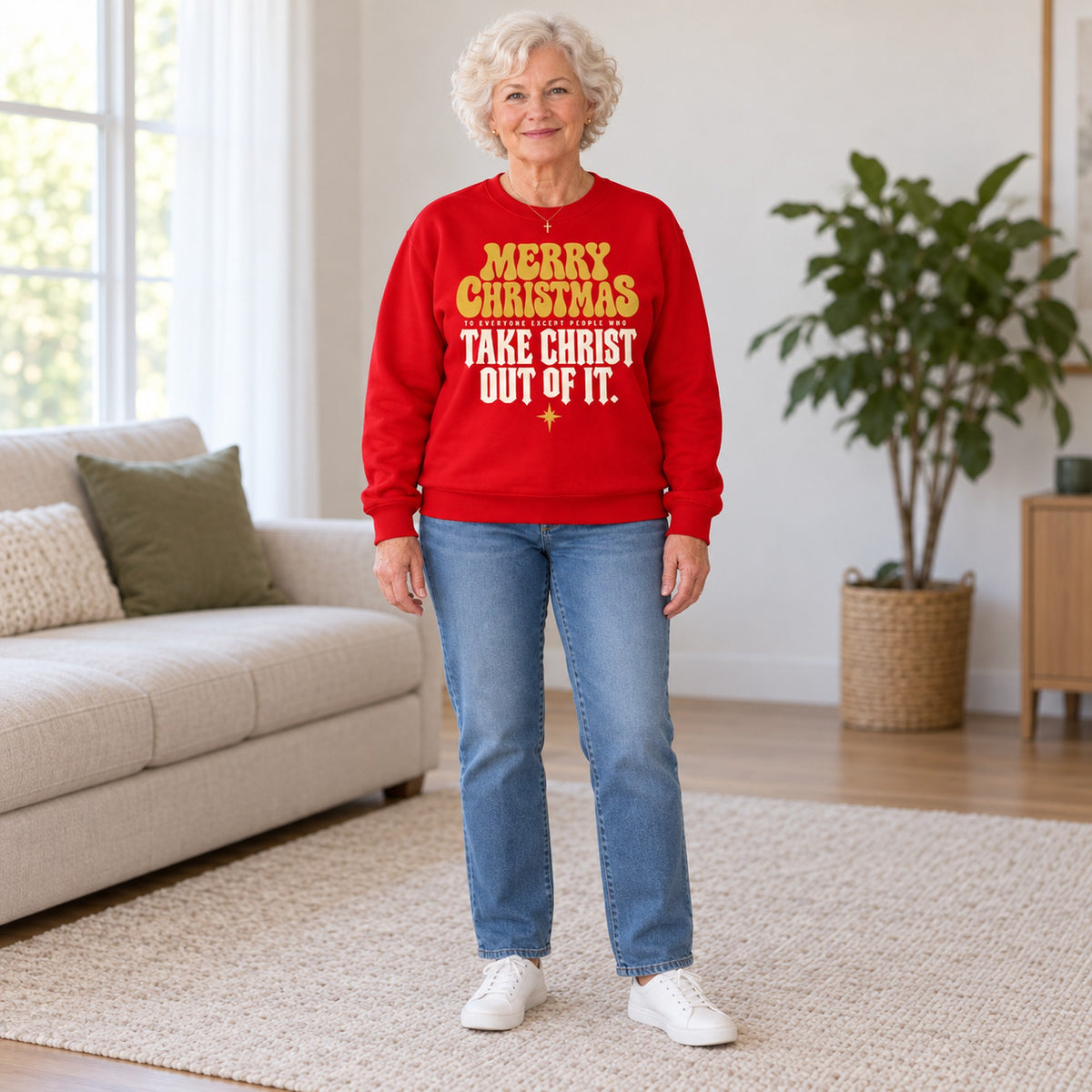 Merry Christmas Take Christ Out Of It sweatshirt in Red, full length, worn by Barbara. Barbara is 5′4″ and wears her usual size L. [bb c=red r=fit]