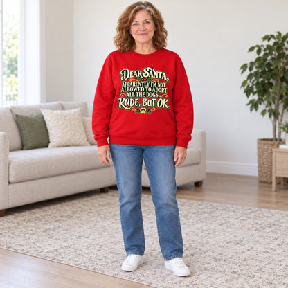 Dear Santa dog mom sweatshirt in Red, full length, worn by Gloria. Gloria is 5′5″ and wears her usual size L. [bb c=red r=fit]