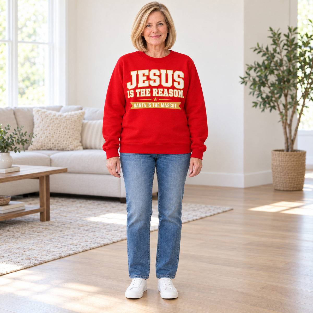 Jesus Is The Reason sweatshirt in Red, full length, worn by Patty. Patty is 5′6″ and wears her usual size L. [bb c=red r=fit]