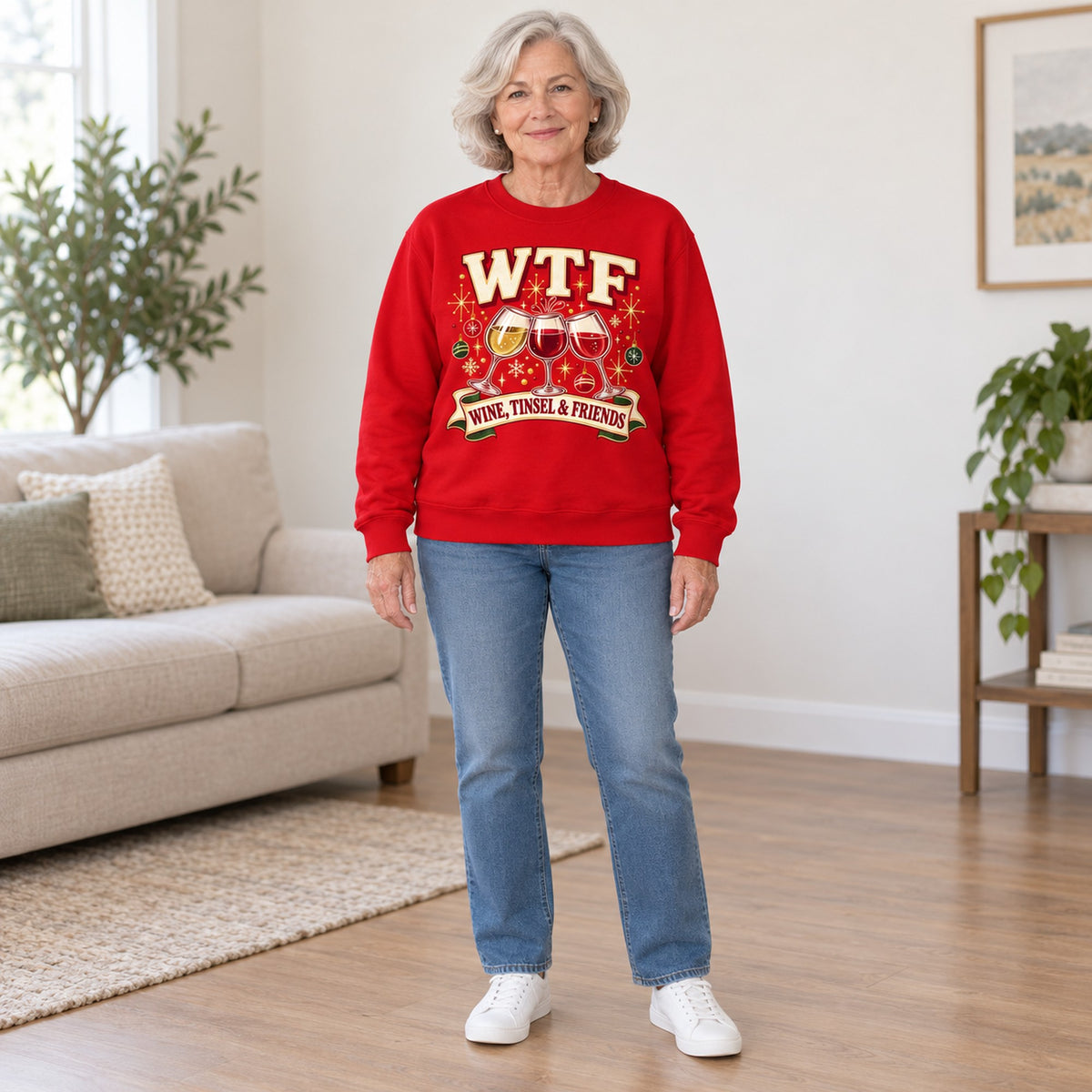 WTF Wine, Tinsel & Friends sweatshirt in Red, full length, worn by Kathy. Kathy is 5′5″ and wears her usual size L. [bb c=red r=fit]