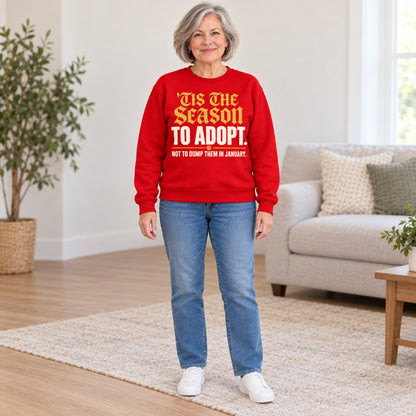 'Tis The Season To Adopt sweatshirt in Red, full length, worn by Carol. Carol is 5′4″ and wears her usual size L. [bb c=red r=fit]