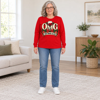 OMG One More Glass long sleeve in Red, full length, worn by Sharon. Sharon is 5′6″ and wears her usual size L. [bb c=red r=fit]