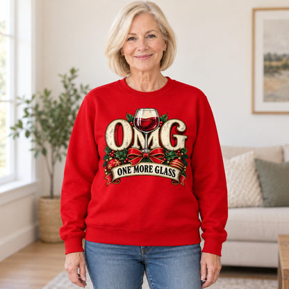 OMG One More Glass sweatshirt in Red, worn by Barbara. Barbara is 5′5″ and wears her usual size L. [bb c=red r=hero]