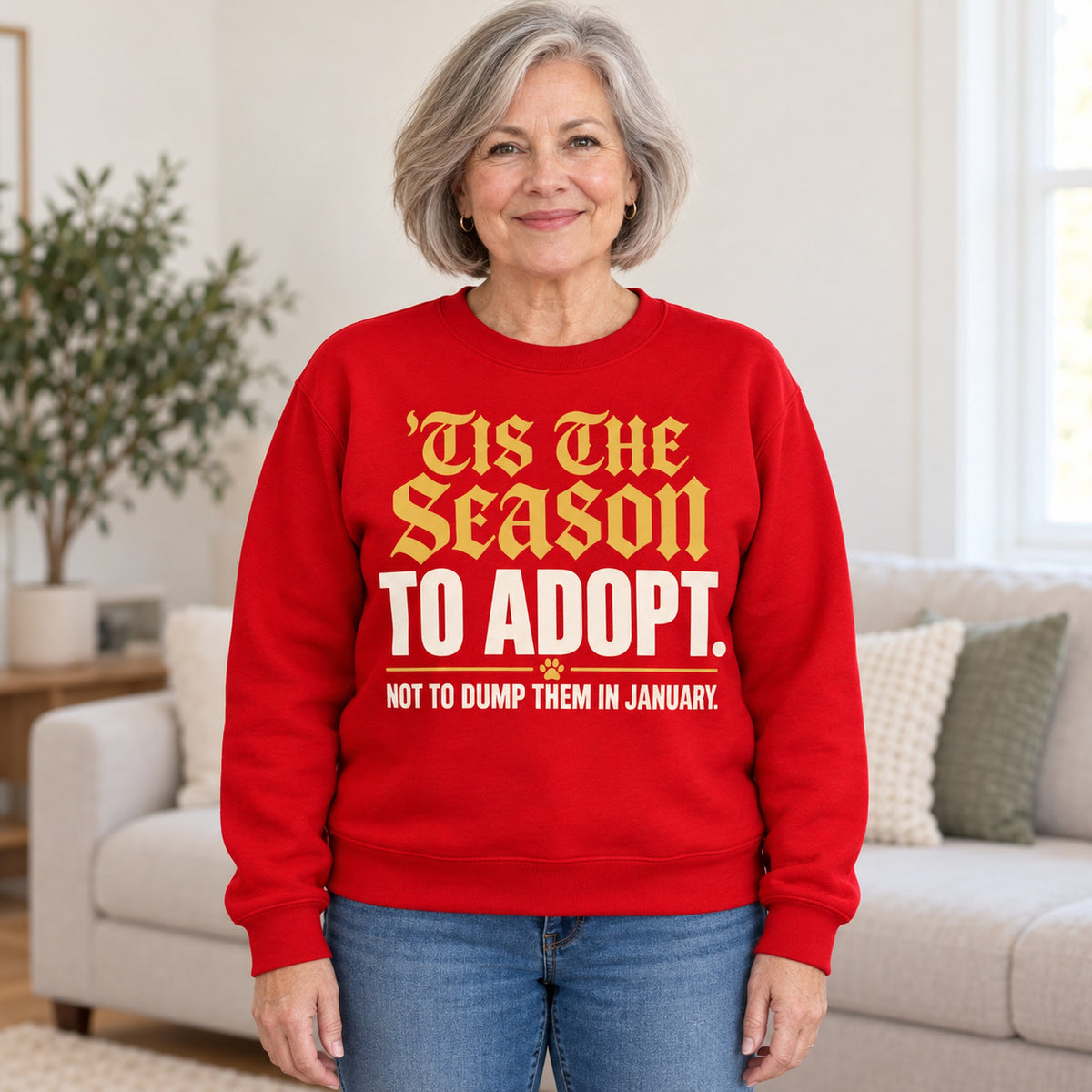 'Tis The Season To Adopt sweatshirt in Red, worn by Carol. Carol is 5′4″ and wears her usual size L. [bb c=red r=hero]