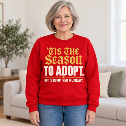 'Tis The Season To Adopt sweatshirt in Red, worn by Carol. Carol is 5′4″ and wears her usual size L. [bb c=red r=hero]