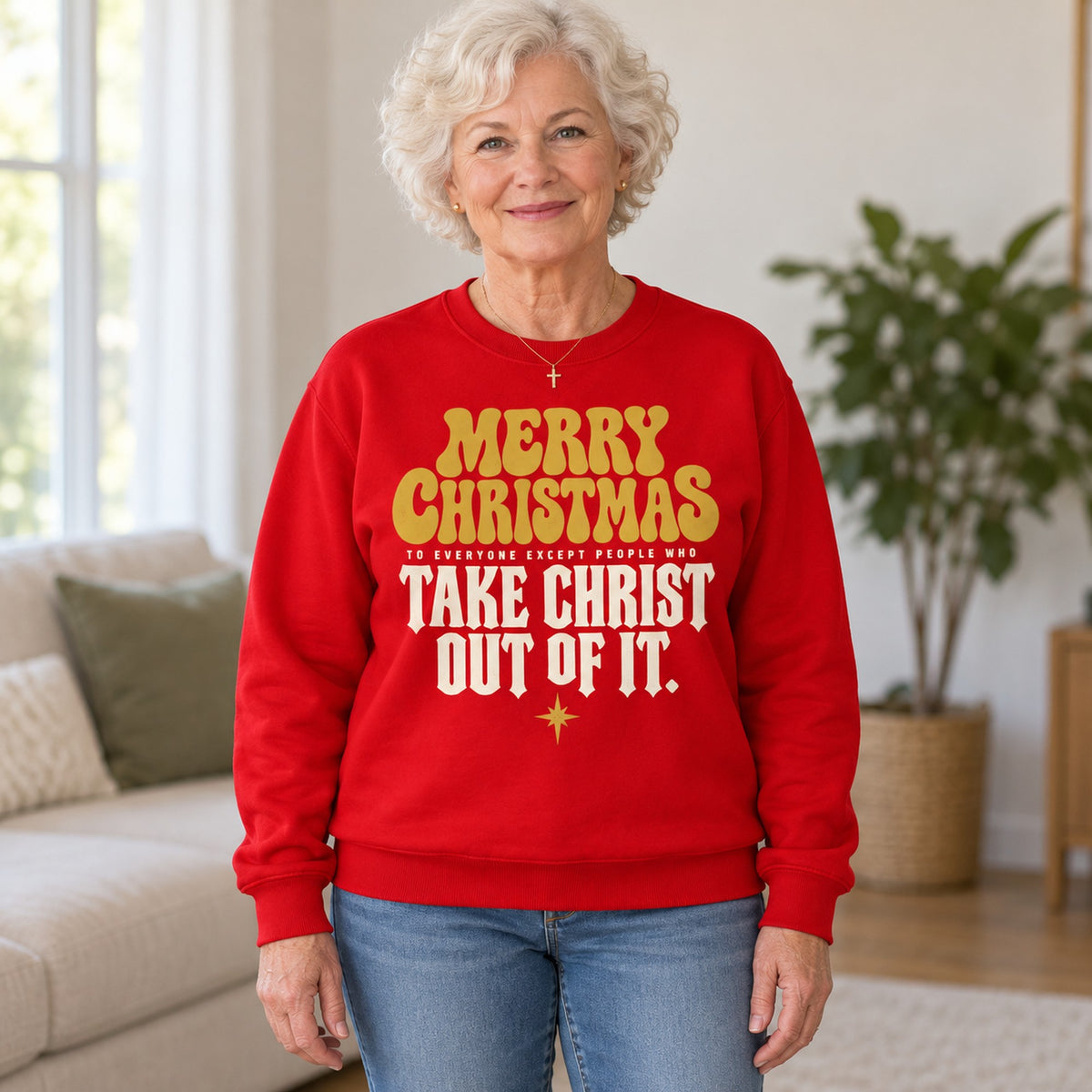 Merry Christmas Take Christ Out Of It sweatshirt in Red, worn by Barbara. Barbara is 5′4″ and wears her usual size L. [bb c=red r=hero]