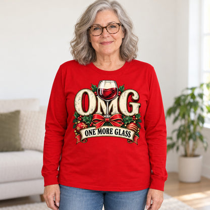 OMG One More Glass long sleeve in Red, worn by Sharon. Sharon is 5′6″ and wears her usual size L. [bb c=red r=hero]