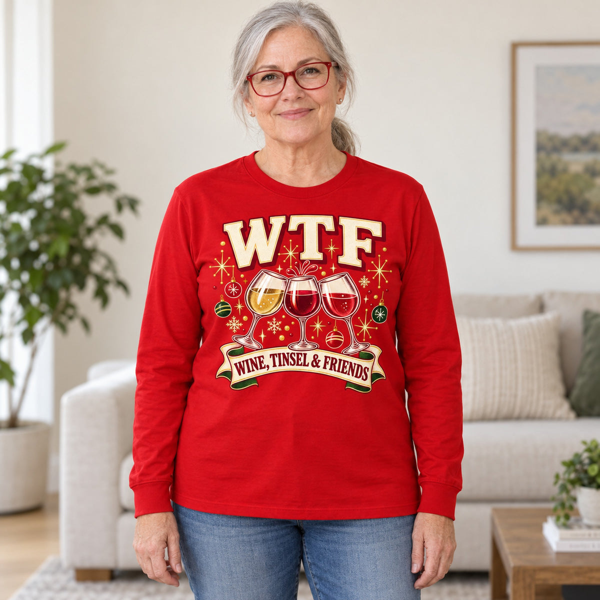 WTF Wine, Tinsel & Friends long sleeve in Red, worn by Peggy. Peggy is 5′6″ and wears her usual size L. [bb c=red r=hero]