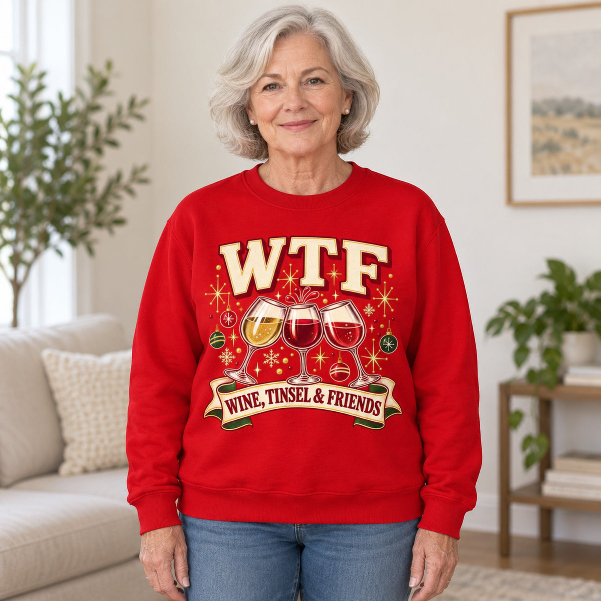 WTF Wine, Tinsel & Friends sweatshirt in Red, worn by Kathy. Kathy is 5′5″ and wears her usual size L. [bb c=red r=hero]