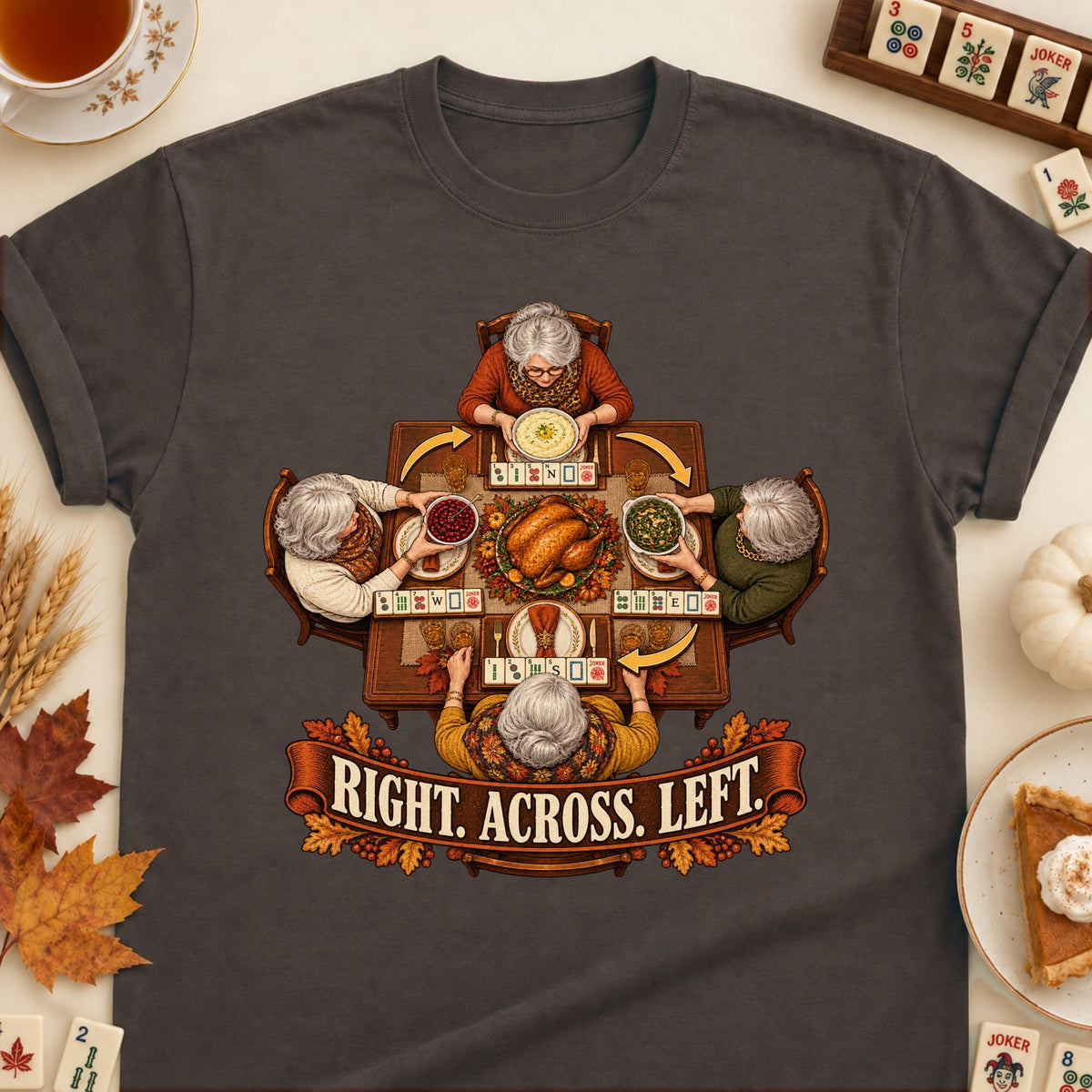 Right Across Left mahjong T-shirt in Dark Chocolate, laid flat. [bb c=dark-chocolate r=flat]
