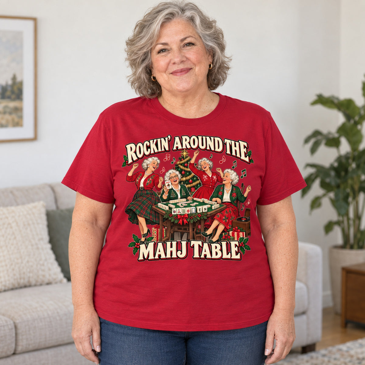 Rockin' Around The Mahj Table mahjong T-shirt in Cardinal Red, worn by Debra. Debra is 5′4″ and wears her usual size 2XL. [bb c=cardinal-red r=body2]
