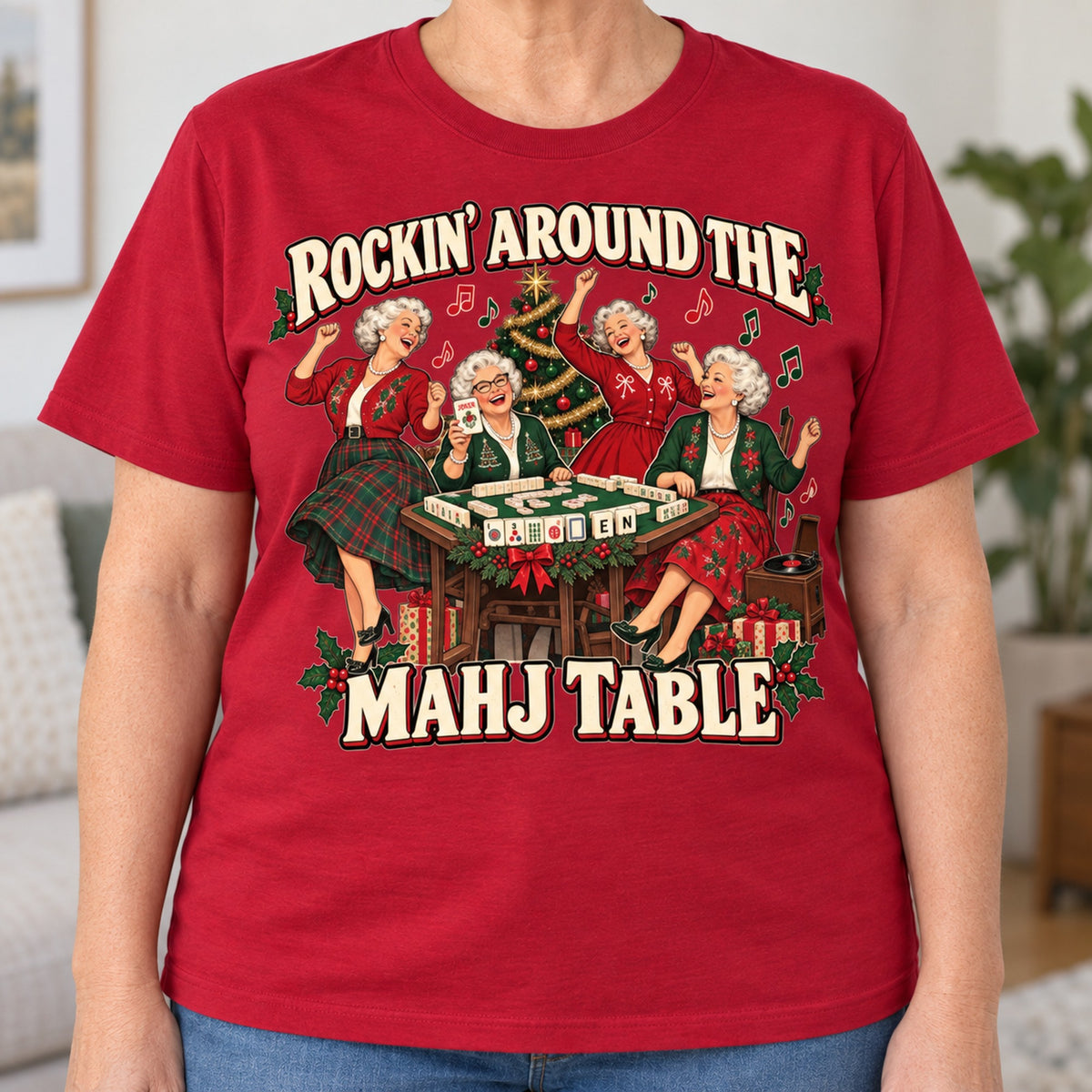 Rockin' Around The Mahj Table mahjong T-shirt in Cardinal Red, close-up of the print, worn by Barbara. Barbara is 5′5″ and wears her usual size L. [bb c=cardinal-red r=close]