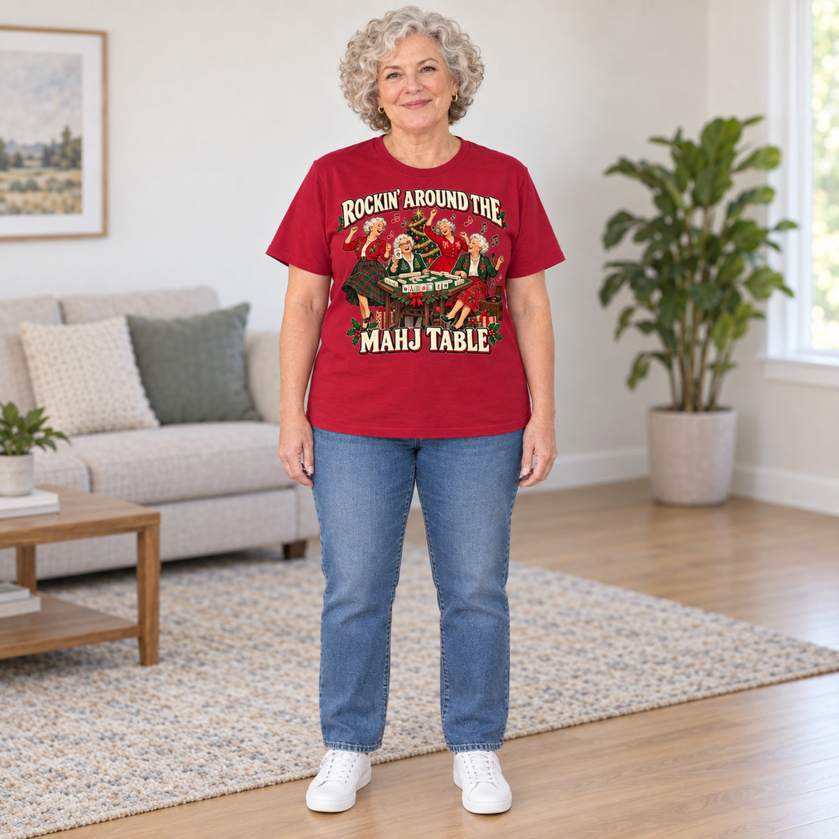 Rockin' Around The Mahj Table mahjong T-shirt in Cardinal Red, full length, worn by Barbara. Barbara is 5′5″ and wears her usual size L. [bb c=cardinal-red r=fit]