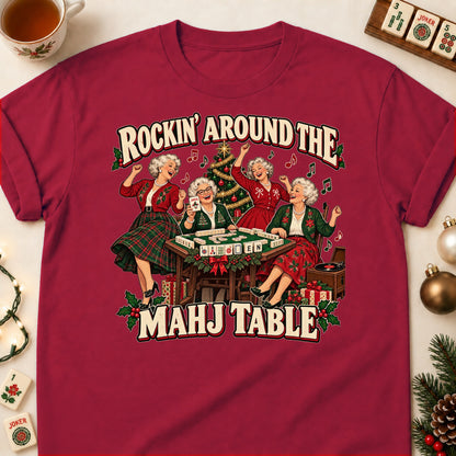 Rockin' Around The Mahj Table mahjong T-shirt in Cardinal Red, laid flat. [bb c=cardinal-red r=flat]