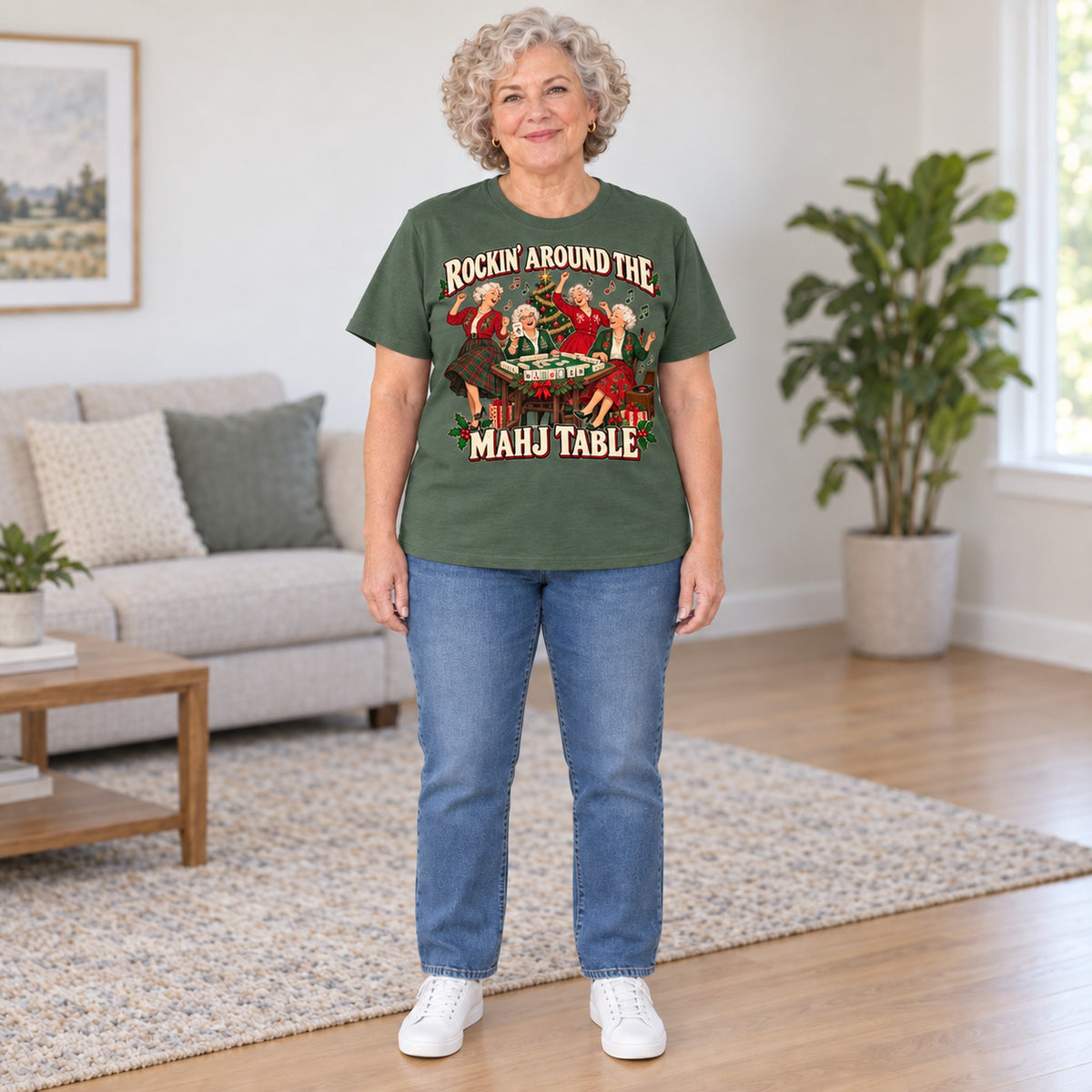 Rockin' Around The Mahj Table mahjong T-shirt in Military Green, full length, worn by Barbara. Barbara is 5′5″ and wears her usual size L. [bb c=military-green r=fit]