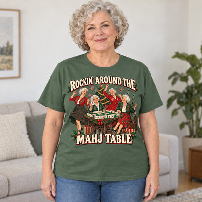 Rockin' Around The Mahj Table mahjong T-shirt in Military Green, worn by Barbara. Barbara is 5′5″ and wears her usual size L. [bb c=military-green r=hero]