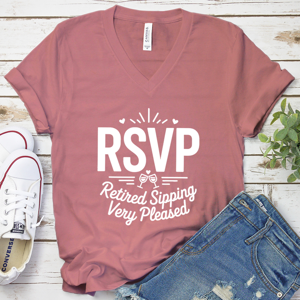 RSVP Retired Sipping Very Pleased V-Neck - Mauve - Brooke & Belle