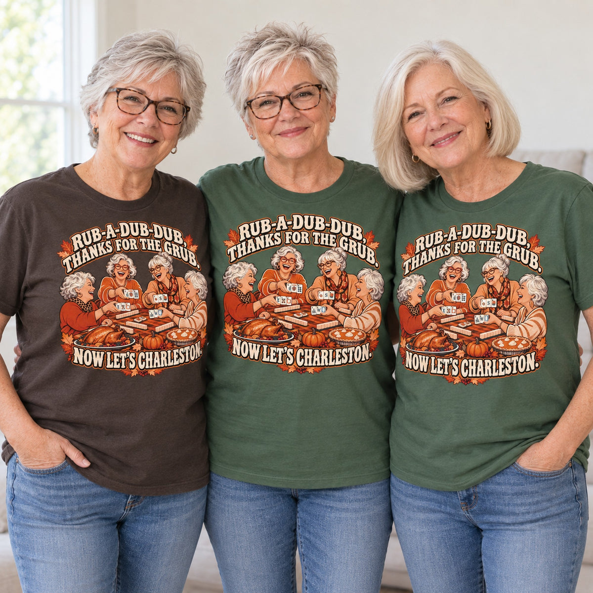 Rub-A-Dub-Dub mahjong T-shirt worn by three friends. Friends are wearing M, L and XL. [bb c=all r=friends]