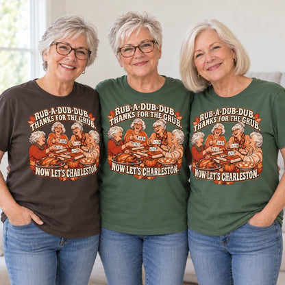 Rub-A-Dub-Dub mahjong T-shirt worn by three friends. Friends are wearing M, L and XL. [bb c=all r=friends]