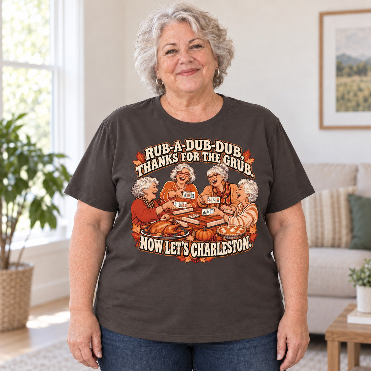 Rub-A-Dub-Dub mahjong T-shirt in Dark Chocolate, worn by Debra. Debra is 5′4″ and wears her usual size 2XL. [bb c=dark-chocolate r=body2]