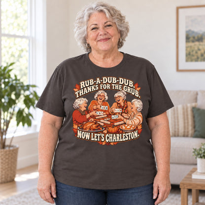 Rub-A-Dub-Dub mahjong T-shirt in Dark Chocolate, worn by Debra. Debra is 5′4″ and wears her usual size 2XL. [bb c=dark-chocolate r=body2]