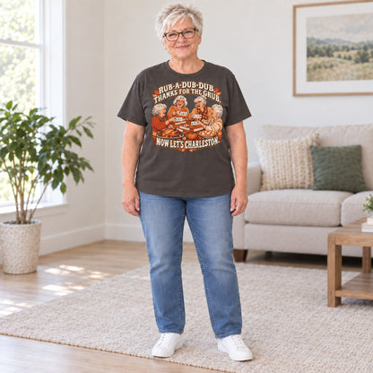 Rub-A-Dub-Dub mahjong T-shirt in Dark Chocolate, full length, worn by Brenda. Brenda is 5′5″ and wears her usual size L. [bb c=dark-chocolate r=fit]