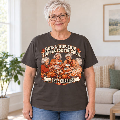 Rub-A-Dub-Dub mahjong T-shirt in Dark Chocolate, worn by Brenda. Brenda is 5′5″ and wears her usual size L. [bb c=dark-chocolate r=hero]