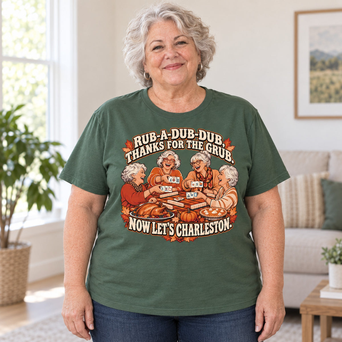 Rub-A-Dub-Dub mahjong T-shirt in Military Green, worn by Debra. Debra is 5′4″ and wears her usual size 2XL. [bb c=military-green r=body2]