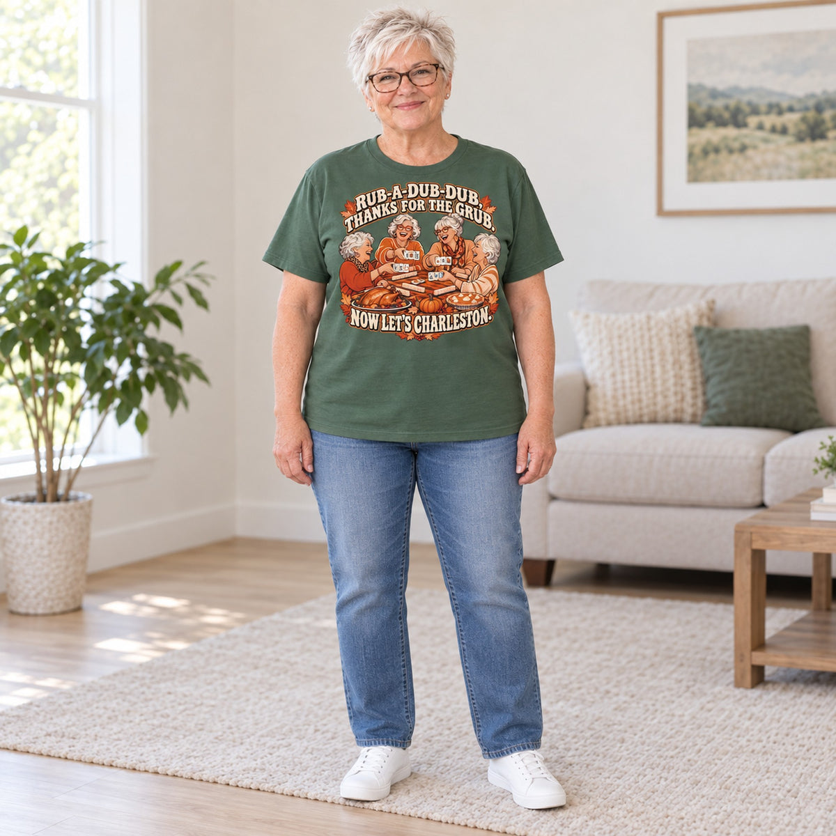 Rub-A-Dub-Dub mahjong T-shirt in Military Green, full length, worn by Brenda. Brenda is 5′5″ and wears her usual size L. [bb c=military-green r=fit]