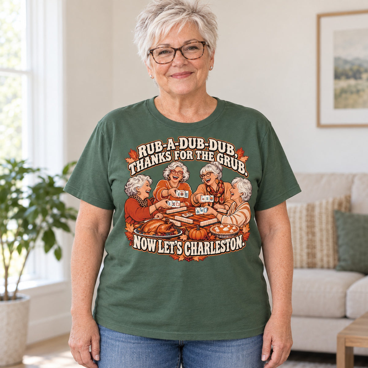 Rub-A-Dub-Dub mahjong T-shirt in Military Green, worn by Brenda. Brenda is 5′5″ and wears her usual size L. [bb c=military-green r=hero]