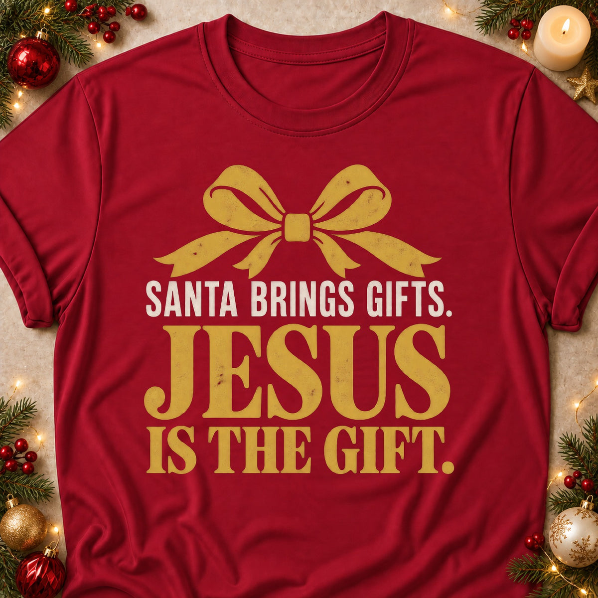 Jesus Is The Gift faith T-shirt in Cardinal Red, laid flat. [bb c=cardinal-red r=flat]