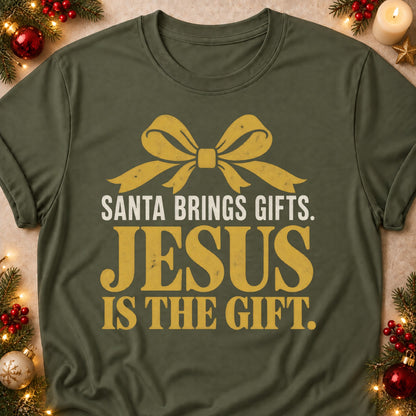 Jesus Is The Gift faith T-shirt in Military Green, laid flat. [bb c=military-green r=flat]