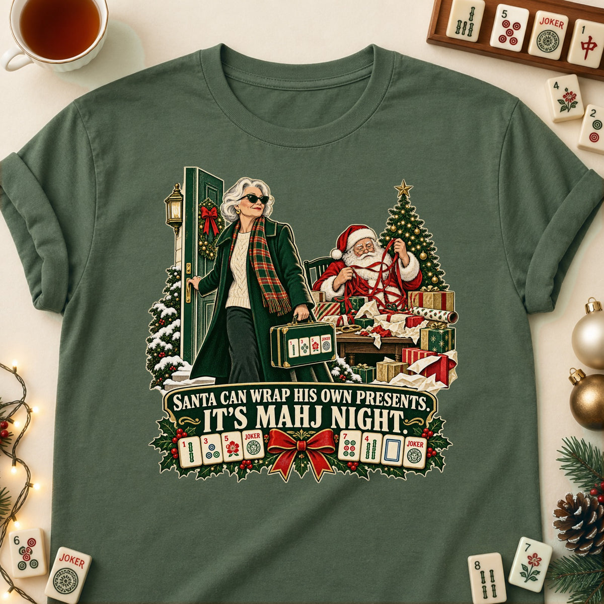 Santa Can Wrap His Own mahjong T-shirt in Military Green, laid flat. [bb c=military-green r=flat]