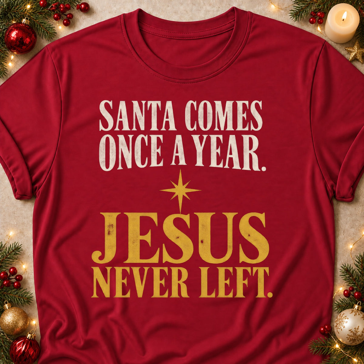 Jesus Never Left faith T-shirt in Cardinal Red, laid flat. [bb c=cardinal-red r=flat]