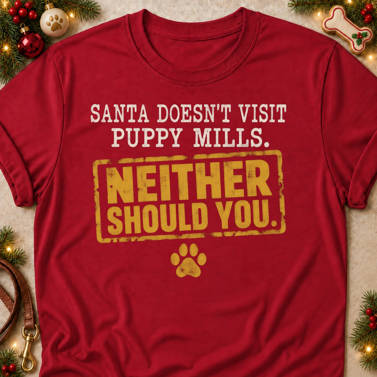 Neither Should You dog mom T-shirt in Cardinal Red, laid flat. [bb c=cardinal-red r=flat]