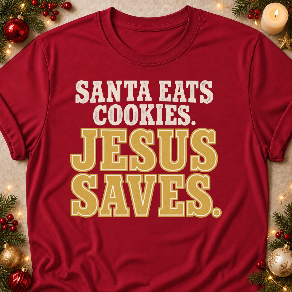 Jesus Saves faith T-shirt in Cardinal Red, laid flat. [bb c=cardinal-red r=flat]