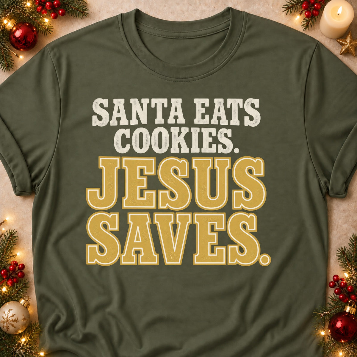 Jesus Saves faith T-shirt in Military Green, laid flat. [bb c=military-green r=flat]