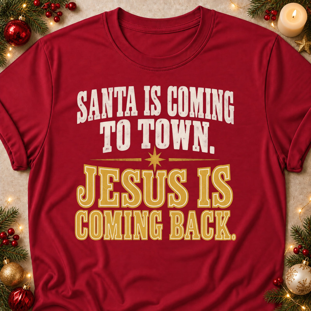 Jesus Is Coming Back faith T-shirt in Cardinal Red, laid flat. [bb c=cardinal-red r=flat]