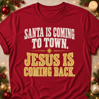 Jesus Is Coming Back faith T-shirt in Cardinal Red, laid flat. [bb c=cardinal-red r=flat]