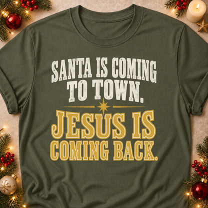 Jesus Is Coming Back faith T-shirt in Military Green, laid flat. [bb c=military-green r=flat]