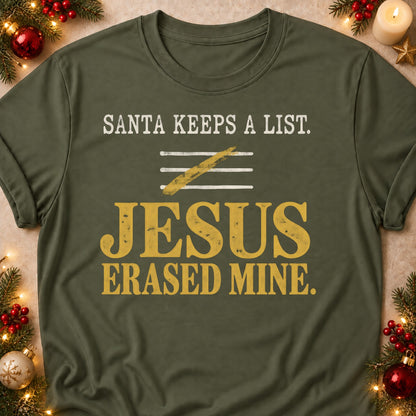 Jesus Erased Mine faith T-shirt in Military Green, laid flat. [bb c=military-green r=flat]