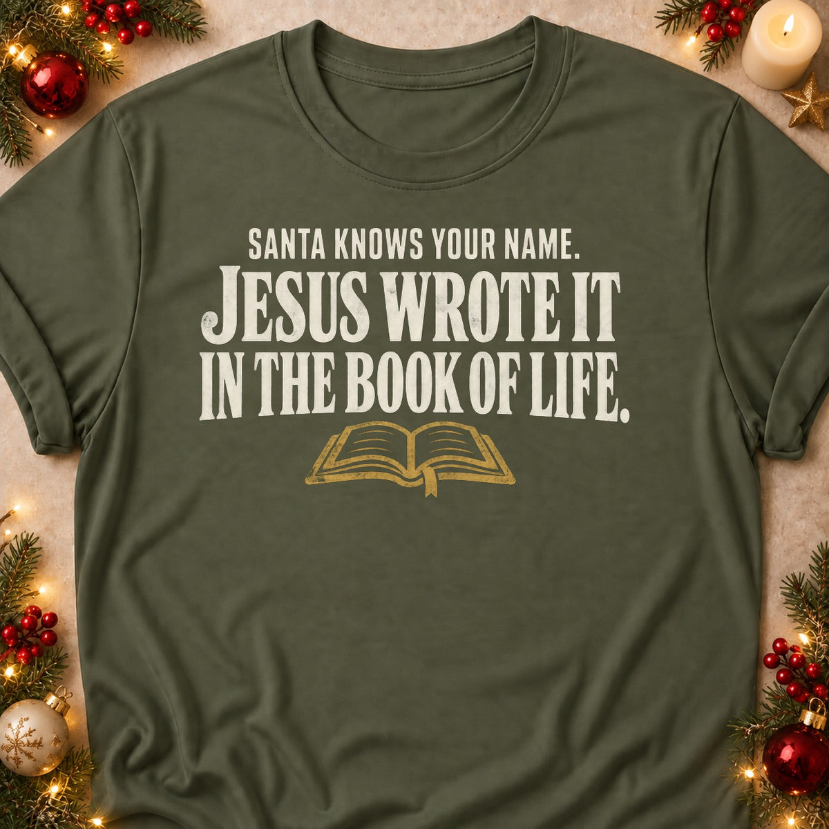 The Book Of Life faith T-shirt in Military Green, laid flat. [bb c=military-green r=flat]