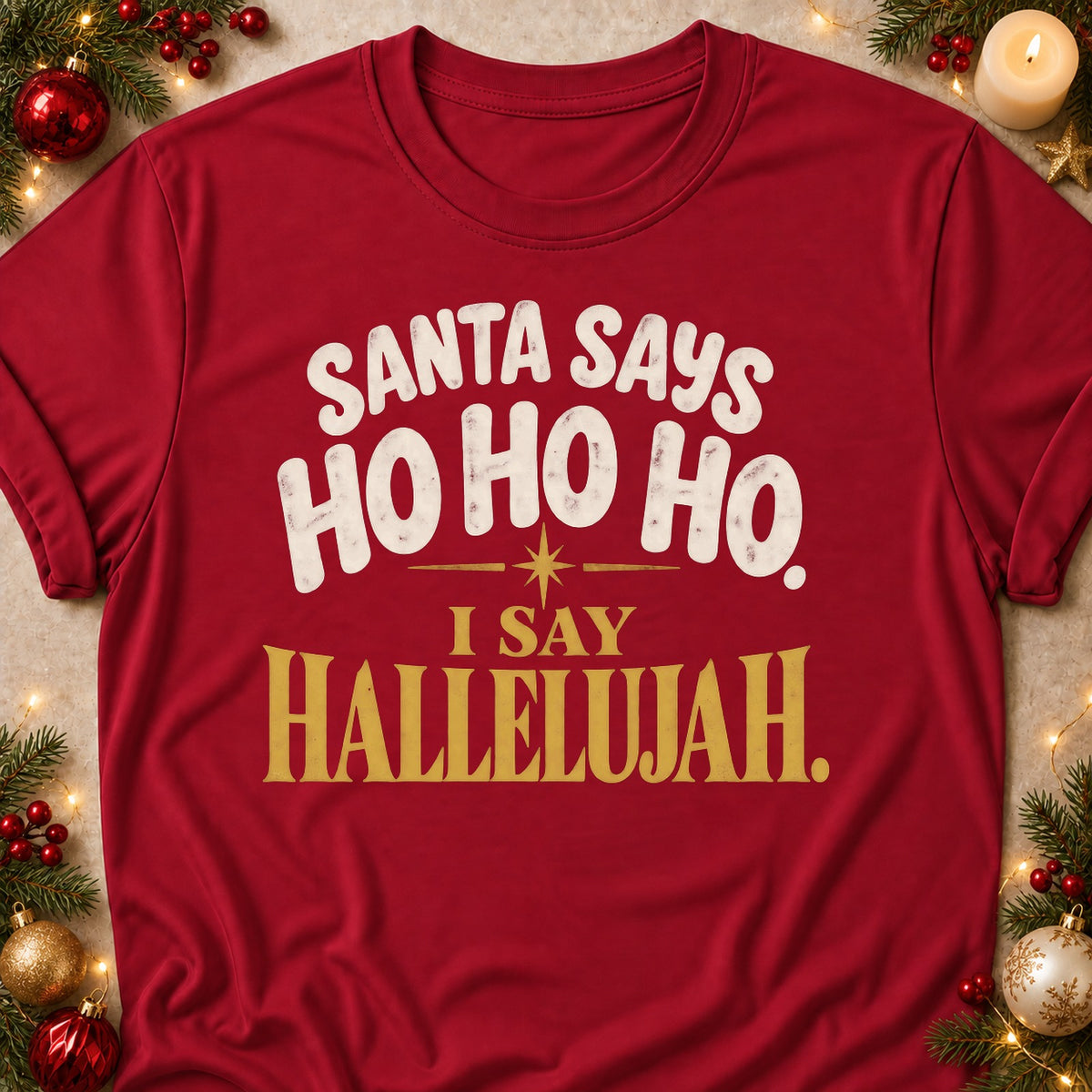 I Say Hallelujah faith T-shirt in Cardinal Red, laid flat. [bb c=cardinal-red r=flat]