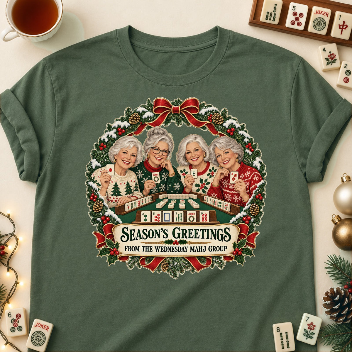 Season's Greetings mahjong T-shirt in Military Green, laid flat. [bb c=military-green r=flat]