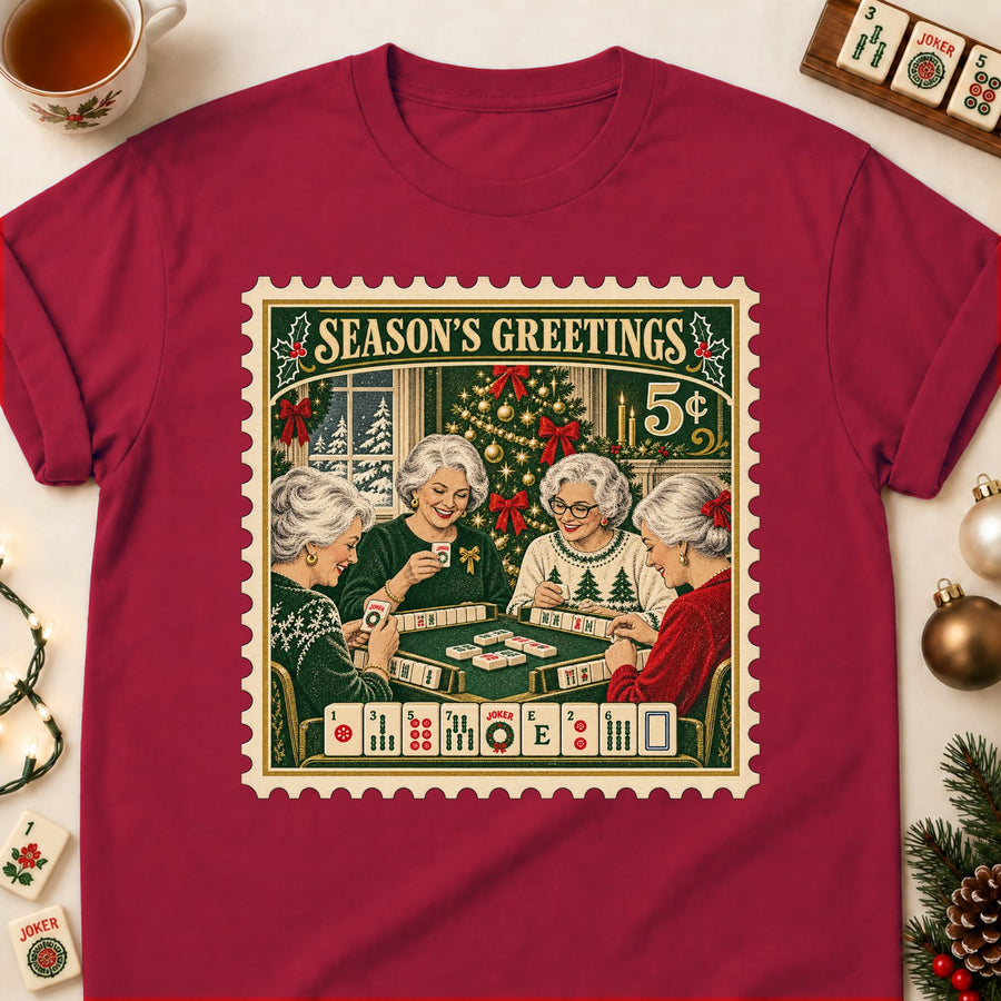 Season's Greetings Mahjong Christmas Stamp T-Shirt
