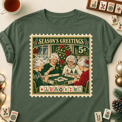 Christmas stamp mahjong T-shirt in Military Green, laid flat. [bb c=military-green r=flat]