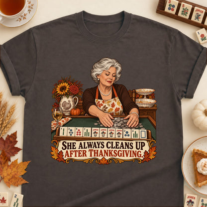 She Cleans Up mahjong T-shirt in Dark Chocolate, laid flat. [bb c=dark-chocolate r=flat]