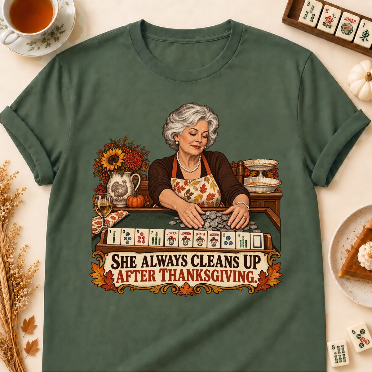 She Cleans Up mahjong T-shirt in Military Green, laid flat. [bb c=military-green r=flat]