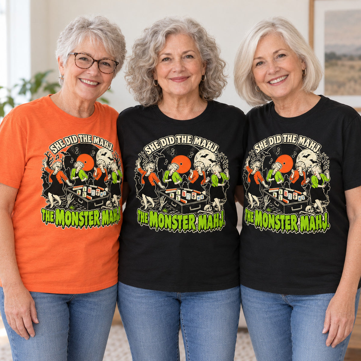 Monster Mahj mahjong T-shirt worn by three friends. Friends are wearing M, L and XL. [bb c=all r=friends]