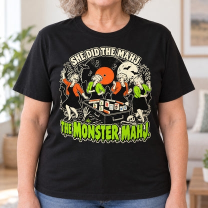 Monster Mahj mahjong T-shirt in Black, close-up of the print, worn by Janet. Janet is 5′5″ and wears her usual size L. [bb c=black r=close]